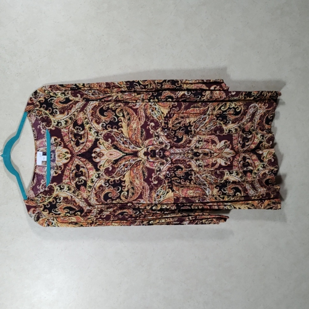 4148 J. Jill yellow & burgundy L/S drop waist blouse L
